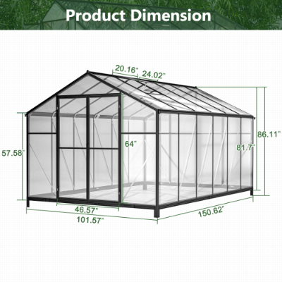 8'×12' Heavy-Duty Polycarbonate Walk-In Greenhouse | Aluminum Frame, UV Guard, Double Doors, Gutter System, Black