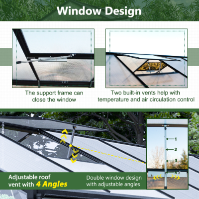 8'×12' Heavy-Duty Polycarbonate Walk-In Greenhouse | Aluminum Frame, UV Guard, Double Doors, Gutter System, Black