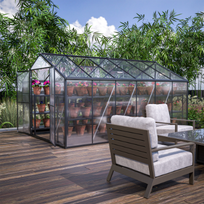8'×12' Heavy-Duty Polycarbonate Walk-In Greenhouse | Aluminum Frame, UV Guard, Double Doors, Gutter System, Black
