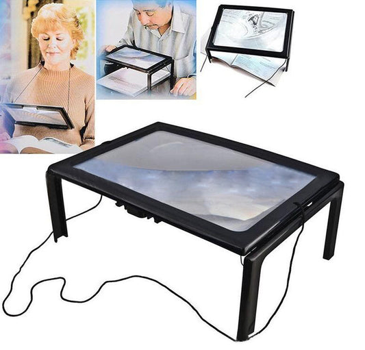 A4 Full-Page Desktop Magnifier with 4 LED Lights | Foldable, Hands-Free | Reading Aid for Elderly