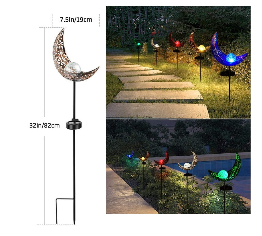 Solar Iron & Glass Garden Stake Light | IP55 | 0.5W Warm White LED | 6–8hr Runtime | 100,000h | 78×17×6cm | 2V Solar | 600mAh | Cutout, Flame, Star, Sun & White | Pathway & Garden Decor
