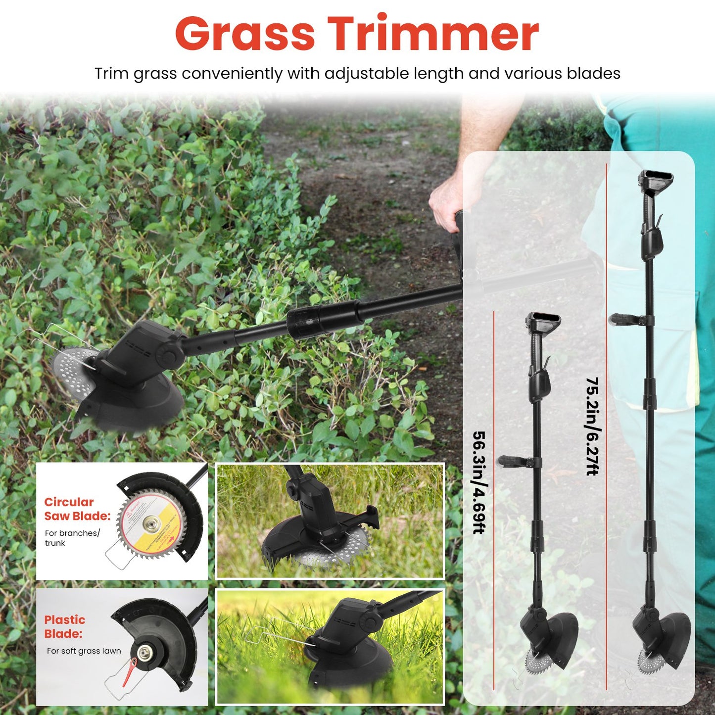 3-in-1 Cordless Pole Saw, Mini Chainsaw & Grass Trimmer | 21V, 18,000 RPM, Adjustable 13"-75", 2 Batteries