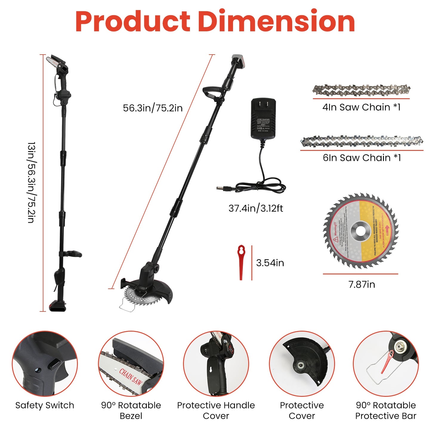 3-in-1 Cordless Pole Saw, Mini Chainsaw & Grass Trimmer | 21V, 18,000 RPM, Adjustable 13"-75", 2 Batteries