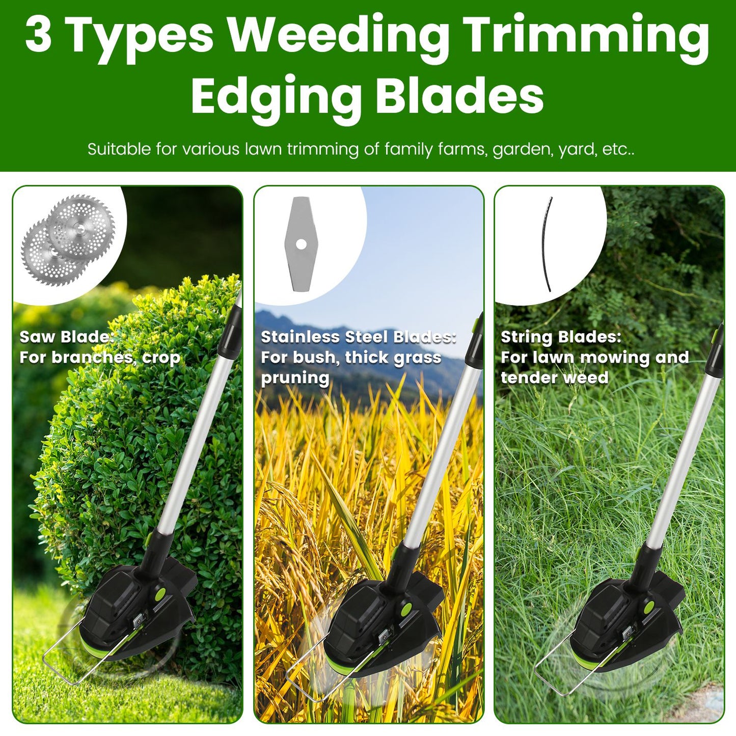 21V Cordless Brushless Grass Trimmer & Weed Edger | 16,800 RPM, 3-Blade Types, 2 Batteries, Telescopic Pole
