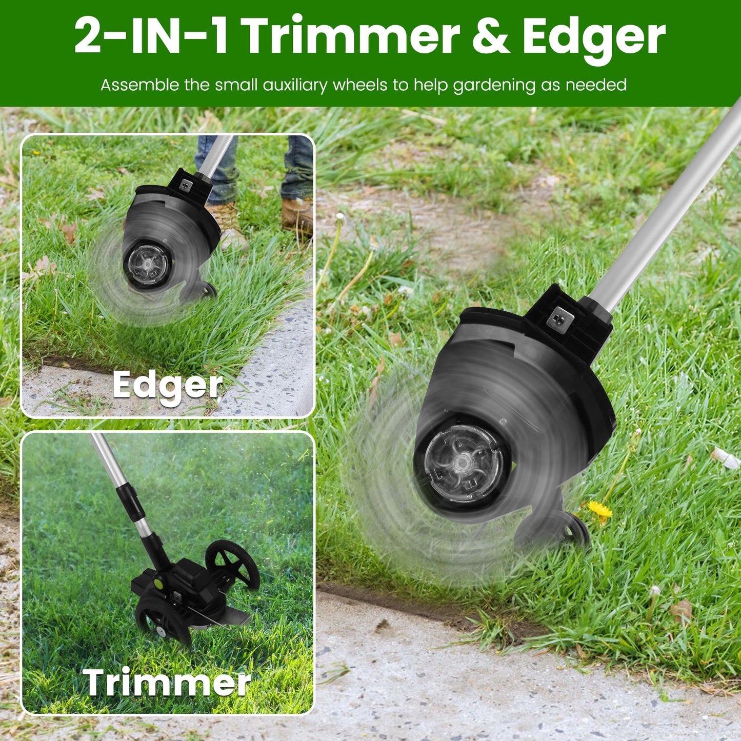 21V Cordless Brushless Grass Trimmer & Weed Edger | 16,800 RPM, 3-Blade Types, 2 Batteries, Telescopic Pole