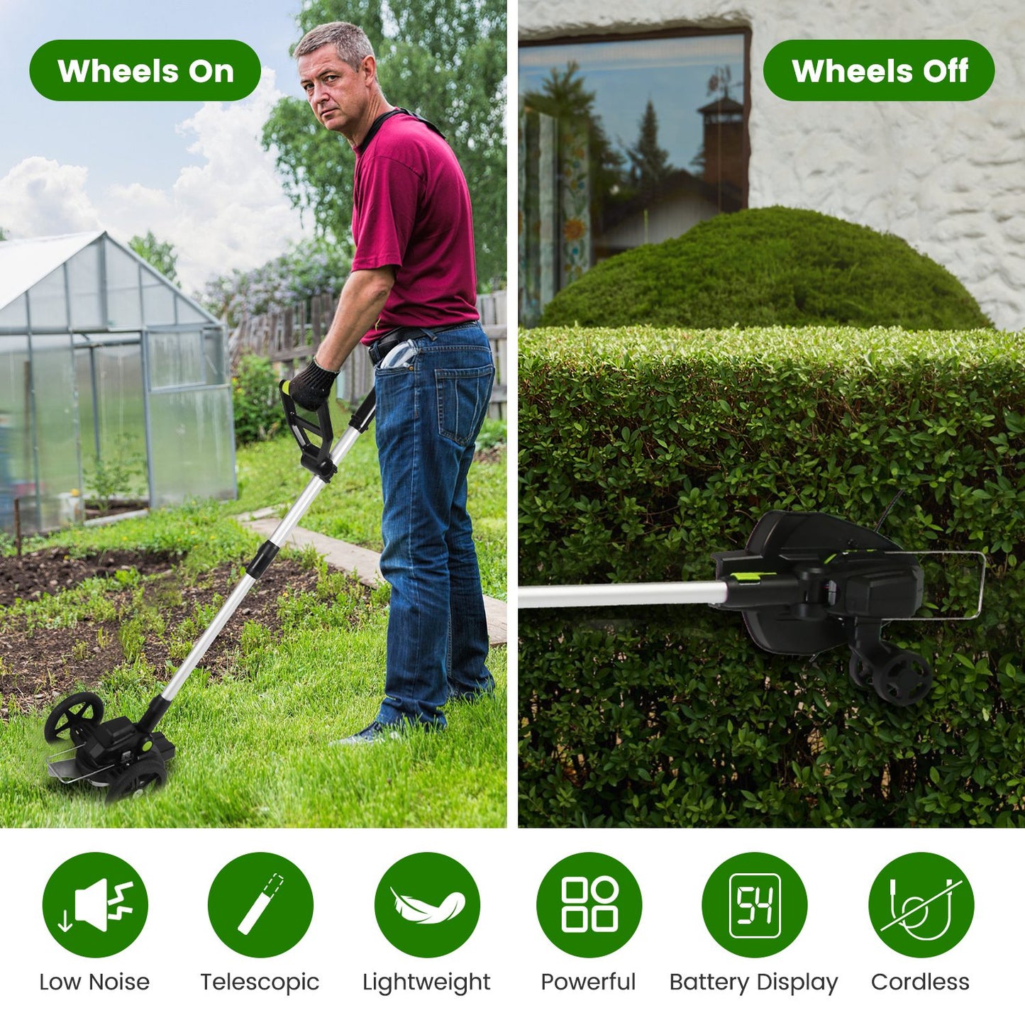 21V Cordless Brushless Grass Trimmer & Weed Edger | 16,800 RPM, 3-Blade Types, 2 Batteries, Telescopic Pole