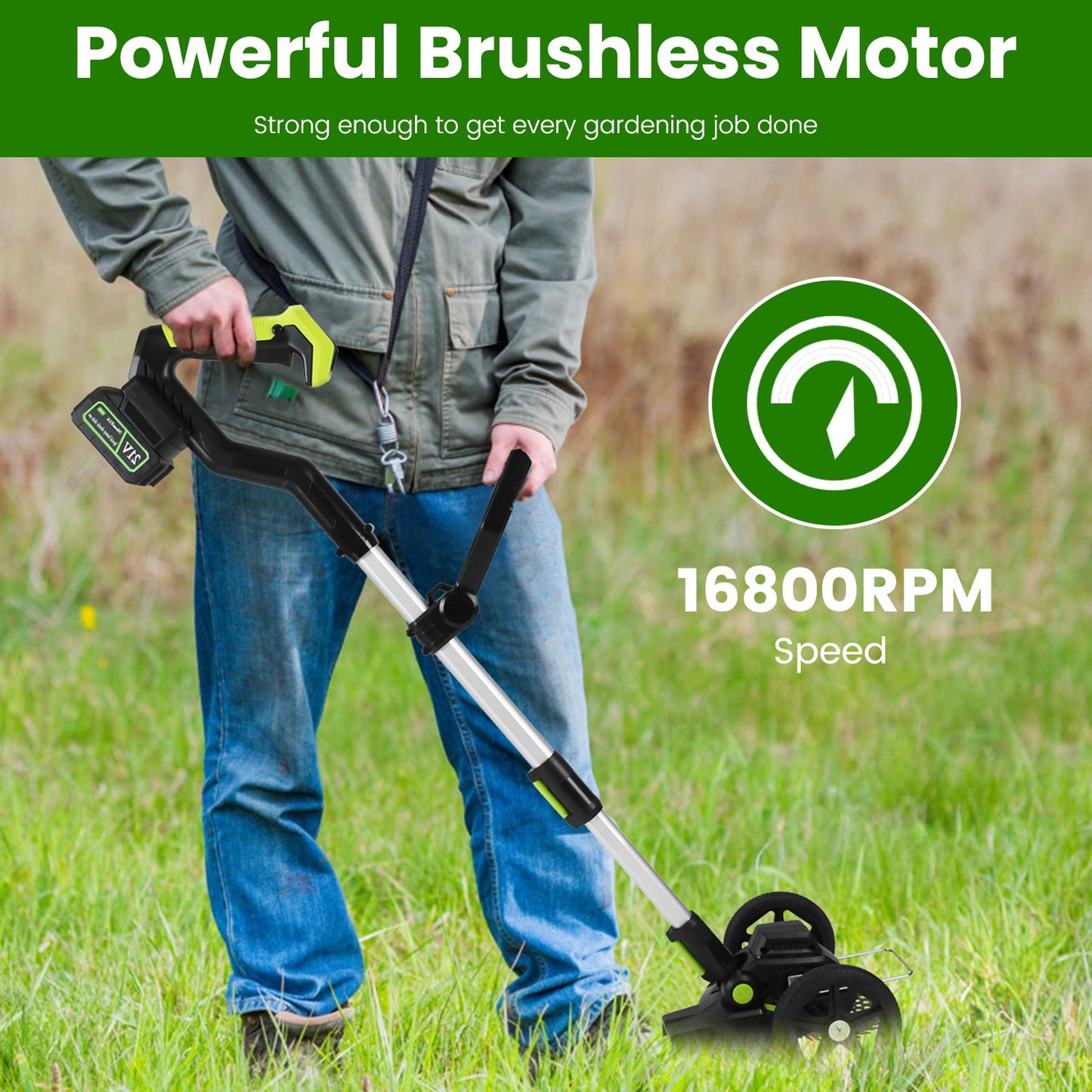 21V Cordless Brushless Grass Trimmer & Weed Edger | 16,800 RPM, 3-Blade Types, 2 Batteries, Telescopic Pole