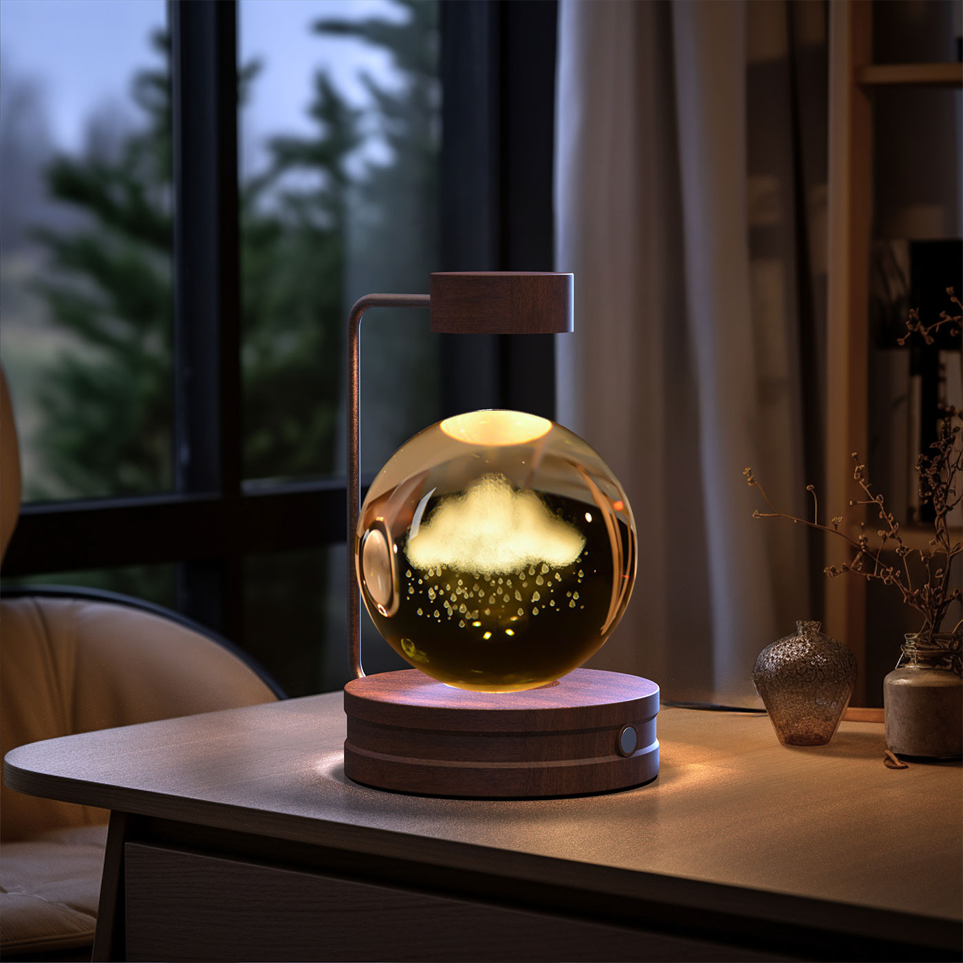 3D Crystal Glass LED Night Light | Touch Switch | USB Rechargeable | Walnut Wood Base | 27 Designs | Dark & Light Wood | Bedroom, Gift & Home Decor