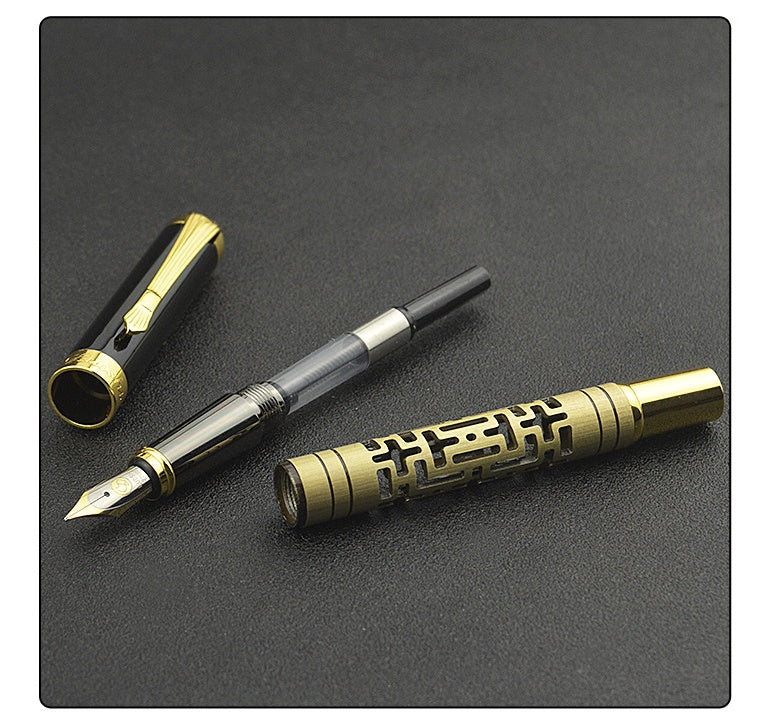 Metal Luxury Fountain Pen | Iridium Nib | 0.7mm Broad Point | Rotating Ink Suction | Obsidian & Gold