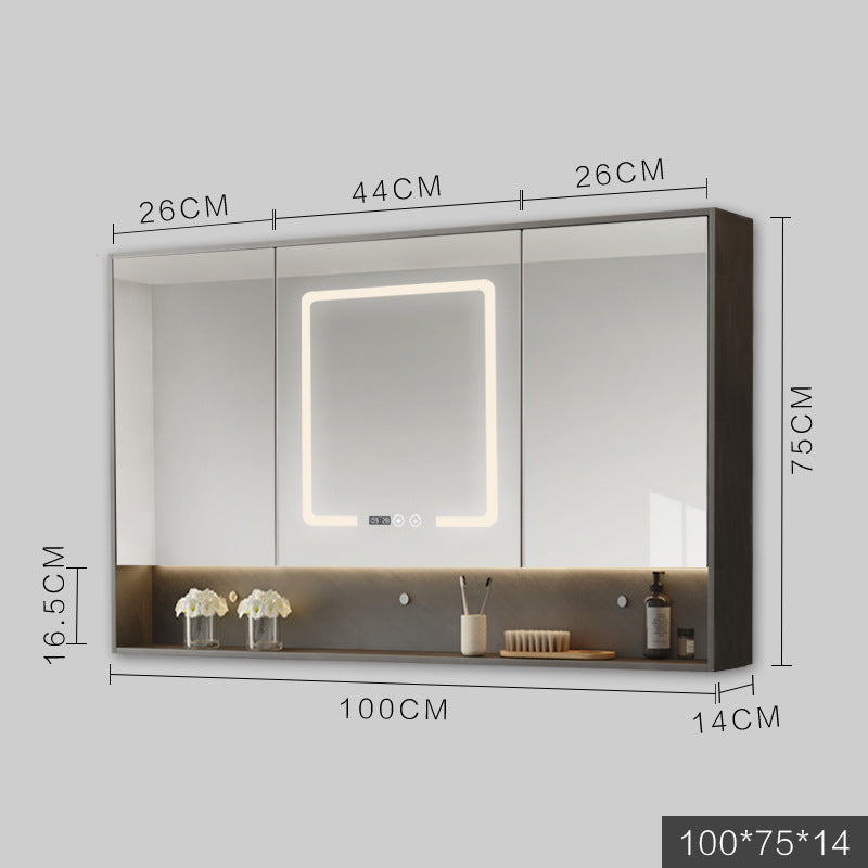 Solid Wood Wall-Hung Bathroom Mirror Cabinet | LED Light, Anti-Fog, Built-in Storage, 9 Sizes, Grey & Wood