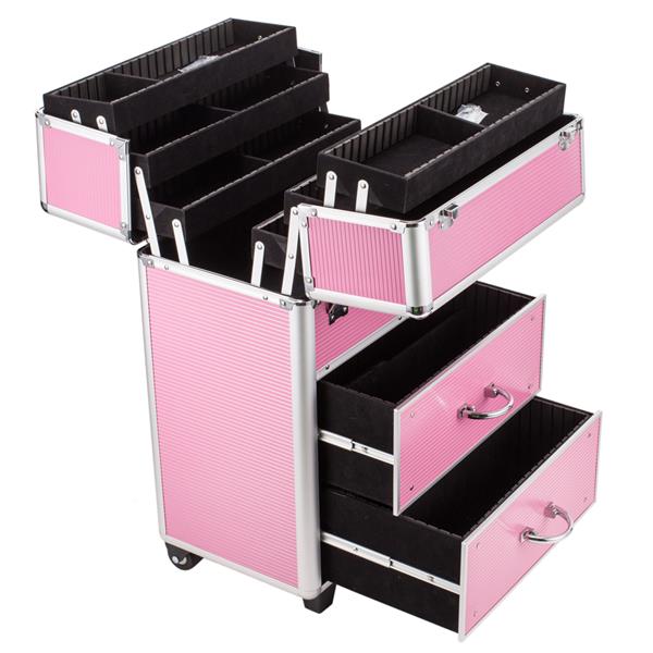 Professional Aluminum Makeup Train Case | 9 Drawers, Lockable, Adjustable Handle, Travel MUA Case, Pink