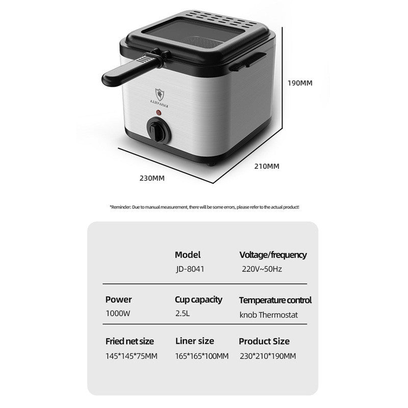 2.5L Electric Deep Fryer | 1000W | Stainless Steel | Detachable Basket | EU, UK & US Plug | Serves up to 6 | French Fries, Chicken & More