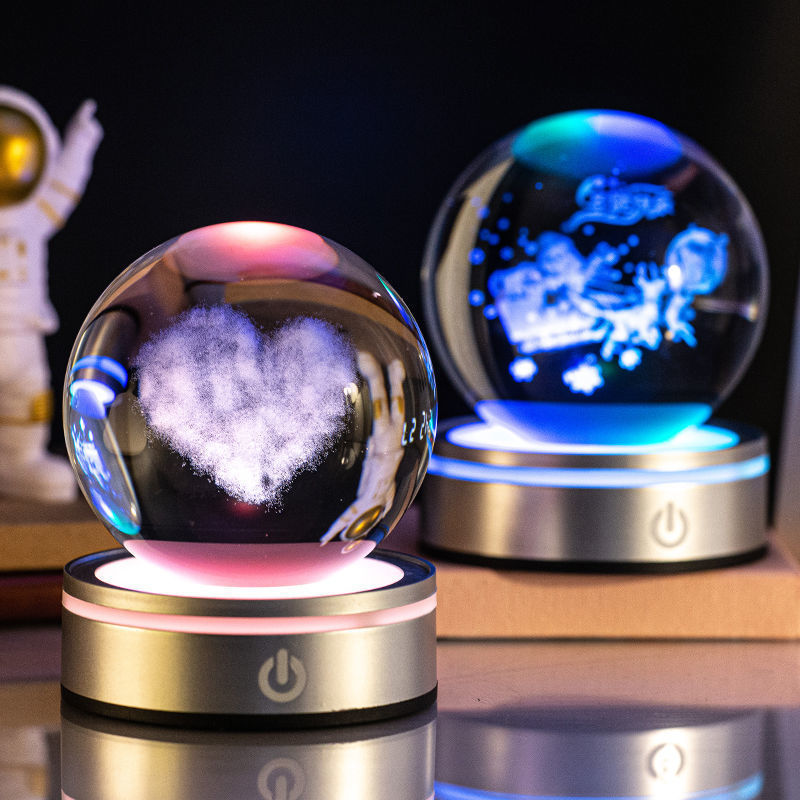 3D Inner Carving Luminous Crystal Ball Night Lamp | 8cm | USB | Colourful Gradient | Touch Base | 13 Designs | Gift
