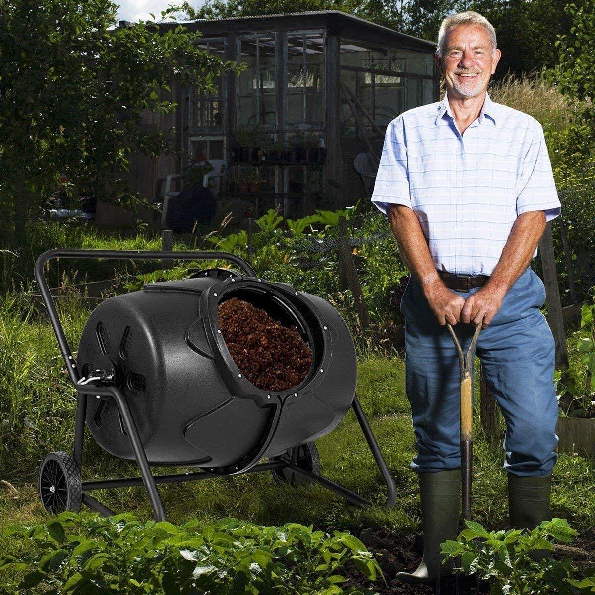 190L Rotary Compost Tumbler Bin | Aerobic Fermentation, Movable Wheels, Garden & Yard Composting