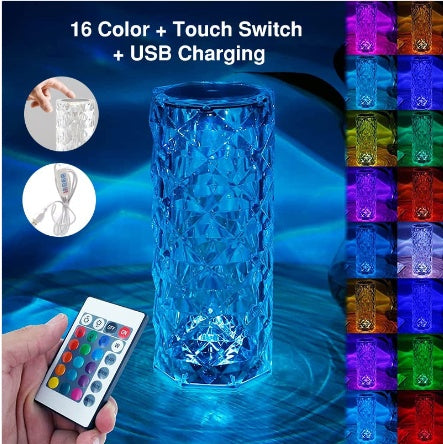 RGB Crystal Table Lamp | 16-Colour Touch & Remote | USB Rechargeable | ≤36V | Acrylic | Diamond & Small Waist Style | Bedroom, Bedside & Home Decor Night Light