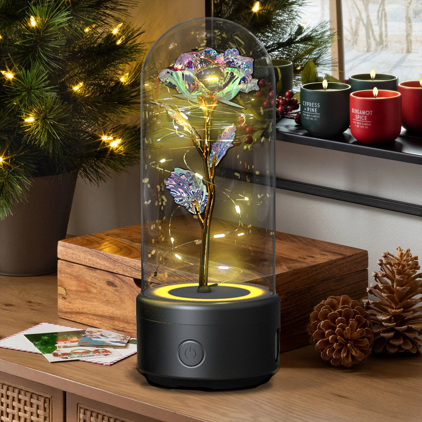 2-in-1 Eternal Rose LED Light & Bluetooth Speaker | Glass Dome | Handmade Preserved Flower | Copper Wire LED | HD Sound | Black & White Base | 5 Flower Colours | Valentine's & Gift