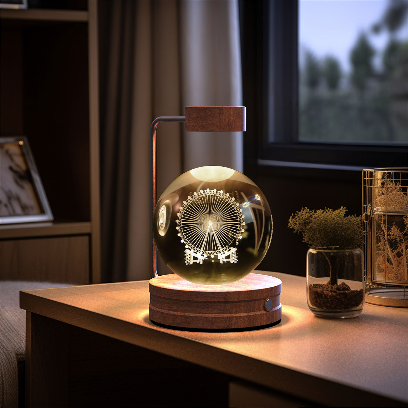 3D Crystal Glass LED Night Light | Touch Switch | USB Rechargeable | Walnut Wood Base | 27 Designs | Dark & Light Wood | Bedroom, Gift & Home Decor
