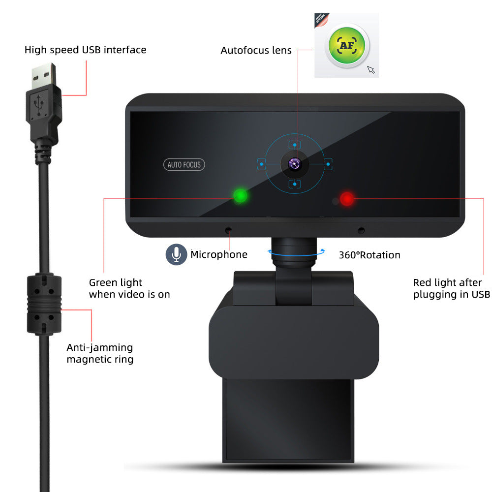5MP USB Desktop Webcam | Autofocus | 2592×1944 | 30FPS | Driver-Free | 1.7m Cable | Black
