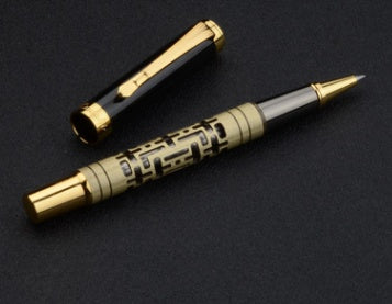 Metal Luxury Fountain Pen | Iridium Nib | 0.7mm Broad Point | Rotating Ink Suction | Obsidian & Gold