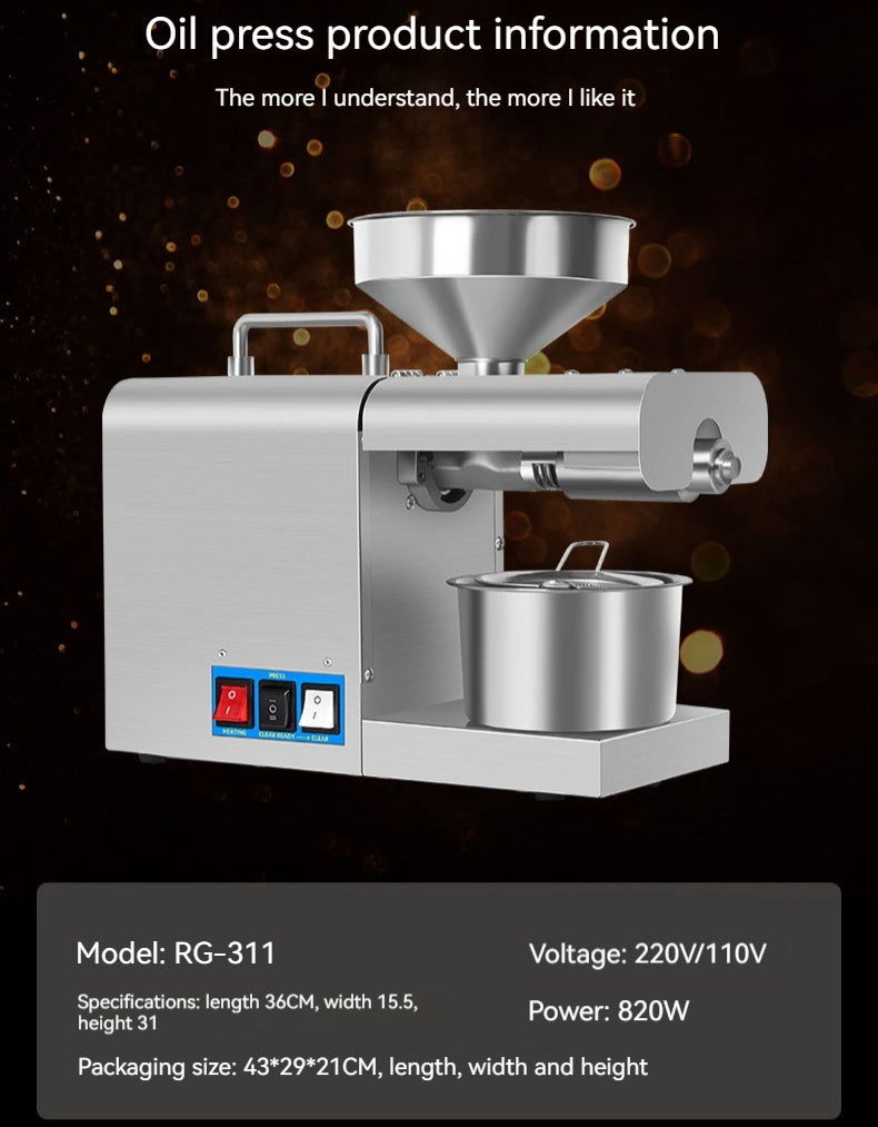 Xiangwei 820W Household Electric Oil Press | RG-311 & RG-312 Digital Display, 5L, 220V/110V, AU/EU/UK/US Plug
