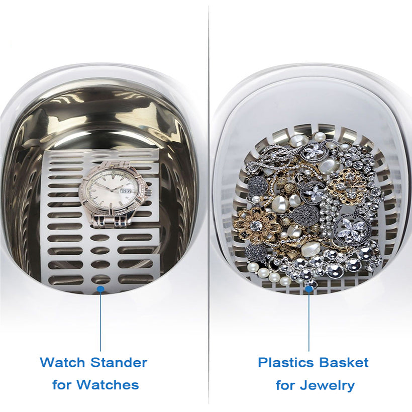 Ultrasonic Jewellery & Household Cleaner | 40KHz | Digital Control | 20.6×15.2×13.2cm | EU & US Plug | White Blue & White Grey