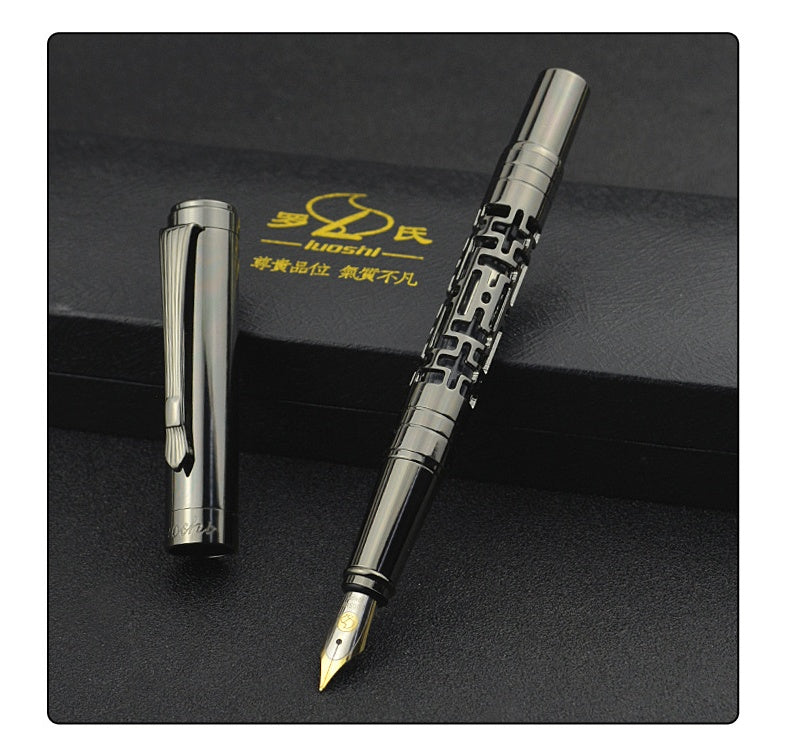 Metal Luxury Fountain Pen | Iridium Nib | 0.7mm Broad Point | Rotating Ink Suction | Obsidian & Gold