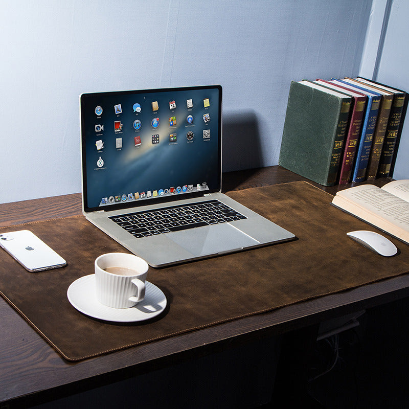 Extra-Large PU Leather Desk Mat & Mouse Pad | 90×45cm | Anti-Slip | Retro Crazy Horse Texture | Coffee Brown