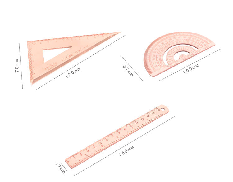 Stainless Steel Ruler Set | 15cm Ruler, Protractor & Square | Rose Gold & Yellow | School & Office
