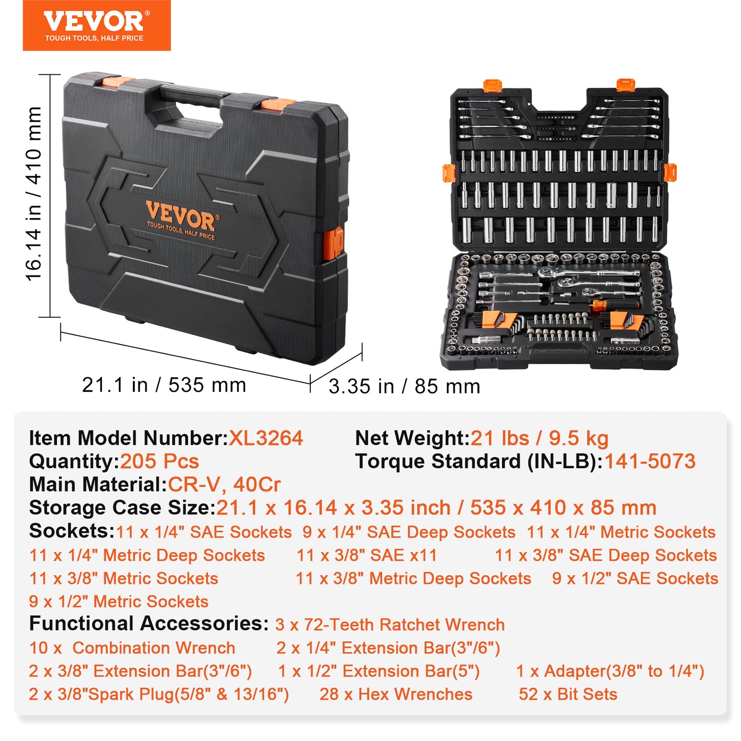 VEVOR 205-Piece Mechanics Tool Set | 1/4" 3/8" 1/2" Drive, SAE & Metric Sockets, Wrenches & Storage Case