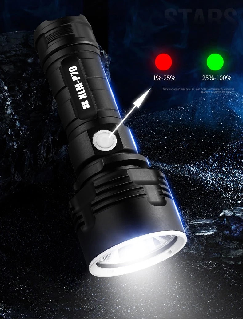 High-Power LED Tactical Flashlight | 20W | 200–500m Range | Aluminium Alloy | Rechargeable | L2 2500mAh & P70 5500mAh | Camping, Hiking, Hunting & Emergency