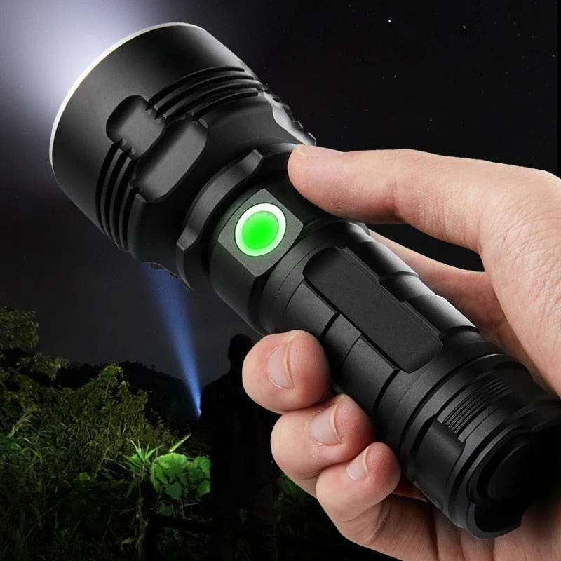 High-Power LED Tactical Flashlight | 20W | 200–500m Range | Aluminium Alloy | Rechargeable | L2 2500mAh & P70 5500mAh | Camping, Hiking, Hunting & Emergency