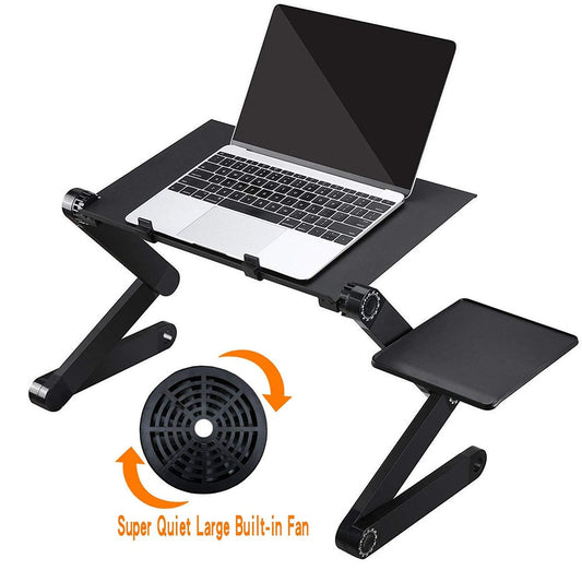 Adjustable Laptop Stand Desk with Cooling Fan & Mouse Pad | Aluminum-Magnesium, 360° Foldable | Ergonomic | Black & Red