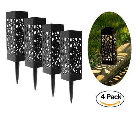 Solar Garden Pathway Stake Lights | Hollow-Carved Shell | 2LM | 3000K & Cool White | 300mAh | 4–10hr Runtime | Auto Dusk-to-Dawn | Waterproof | 6×6×28.5cm | 1–12pc Packs