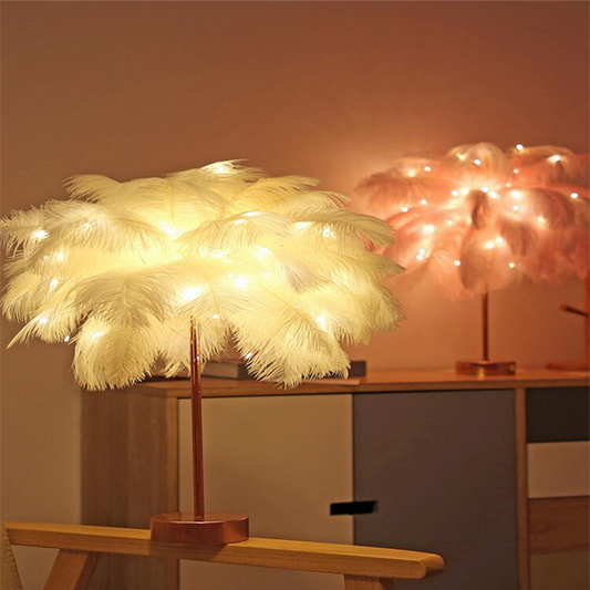 Feather Bonsai Table Lamp | Nordic Vintage Style | USB & Battery | Remote Control | 3 Flash Modes | Timer & Dimmer | Soft Non-Glare LED | Metal Base | Bedroom, Desk & Wedding Decor | Gift