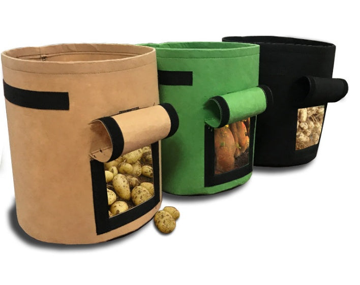 Non-Woven Plant Grow Bag | Breathable & Degradable | Side Harvest Window | Double Handles | Reusable | Small, Medium & Large | 1–6pc Packs | Potato, Tomato & Vegetable Growing | Black, Green, Camel Brown & Light Gray