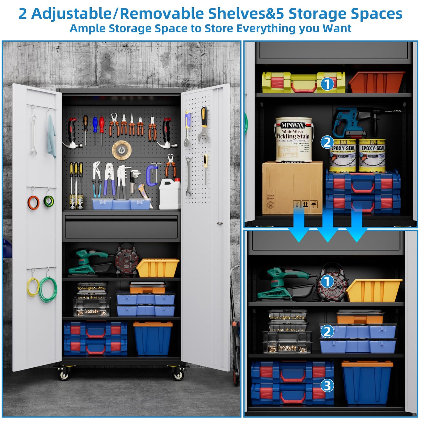 METHANE 71" Lockable Steel Tool Cabinet on Wheels | 5 Pegboards, 1 Drawer, 2 Shelves, Garage & Warehouse