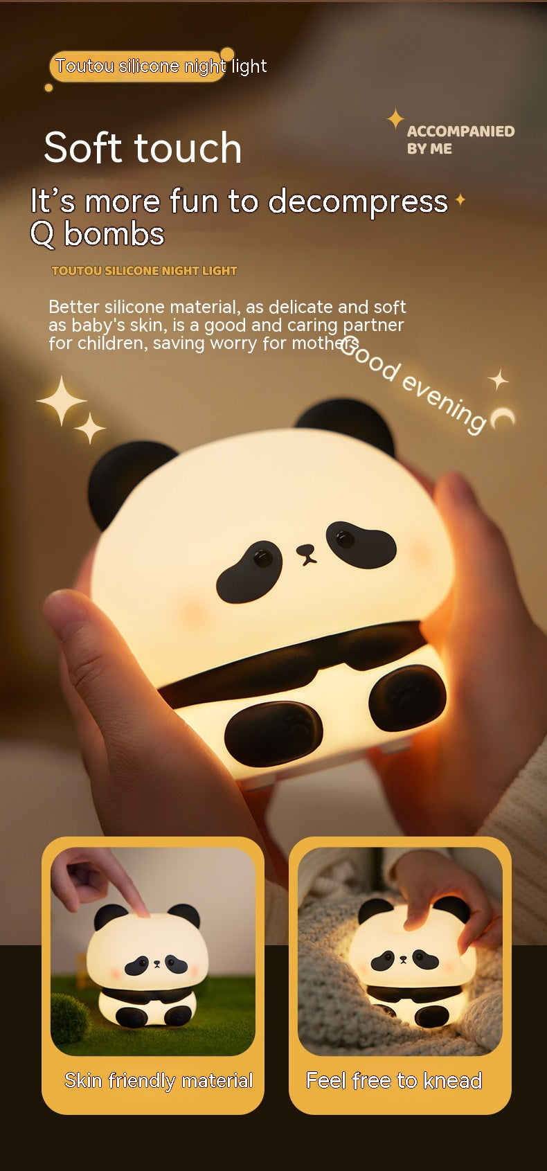 Panda Silicone LED Rechargeable Touch Night Light | 2W | 1200mAh | 6hr Battery | 3-Speed Brightness | USB Charging | 109×99.5×105mm | Colour-Changing | Bedroom, Kids & Gift