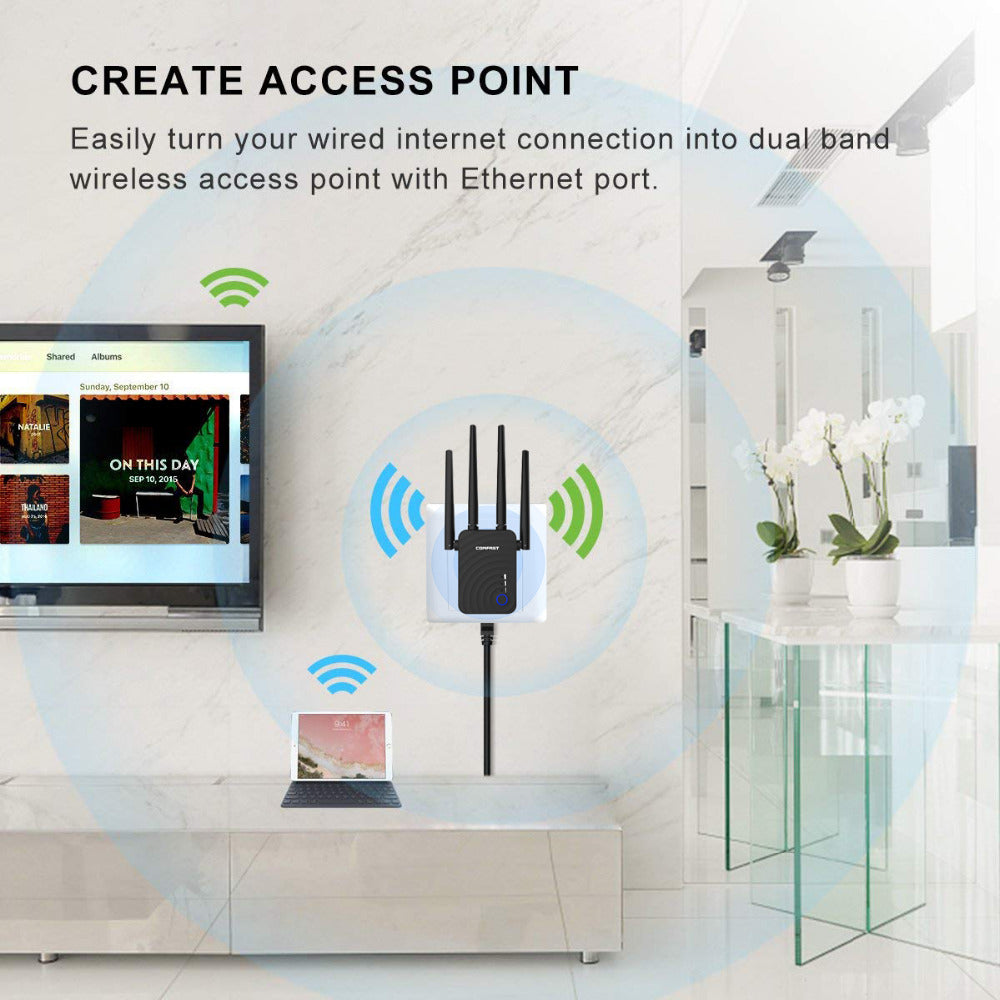 AC1200 Dual-Band WiFi Range Extender | 1200Mbps | 2.4G & 5G | Repeater Router Access Point | 4 Antennas