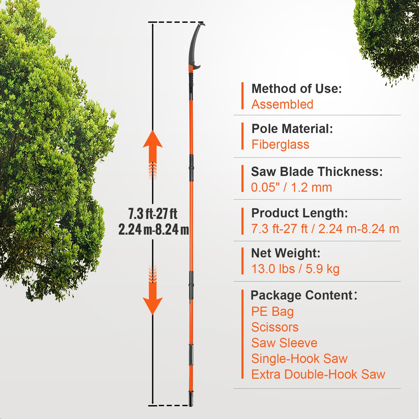 VEVOR 7.3-27 Ft Extendable Manual Pole Saw | Steel Blade & Scissors, 8 Fiberglass Handles, Tree Pruner