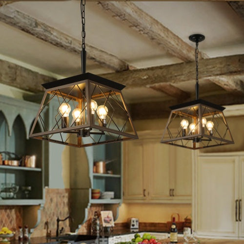 Farmhouse Vintage Antique Iron 4-Light Chandelier | Walnut & Black, Adjustable Chain, E26, 15.7" x 15.7", No Bulb