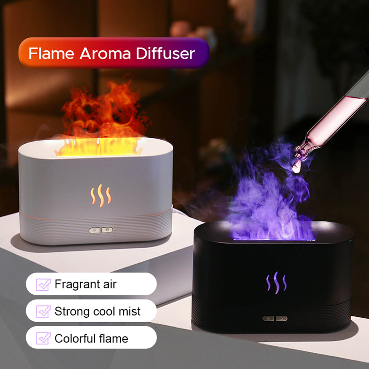 RGB Flame Ultrasonic Aromatherapy Humidifier & Essential Oil Diffuser | 7 Colours | 180ml | 9–12hr | USB | Black & White