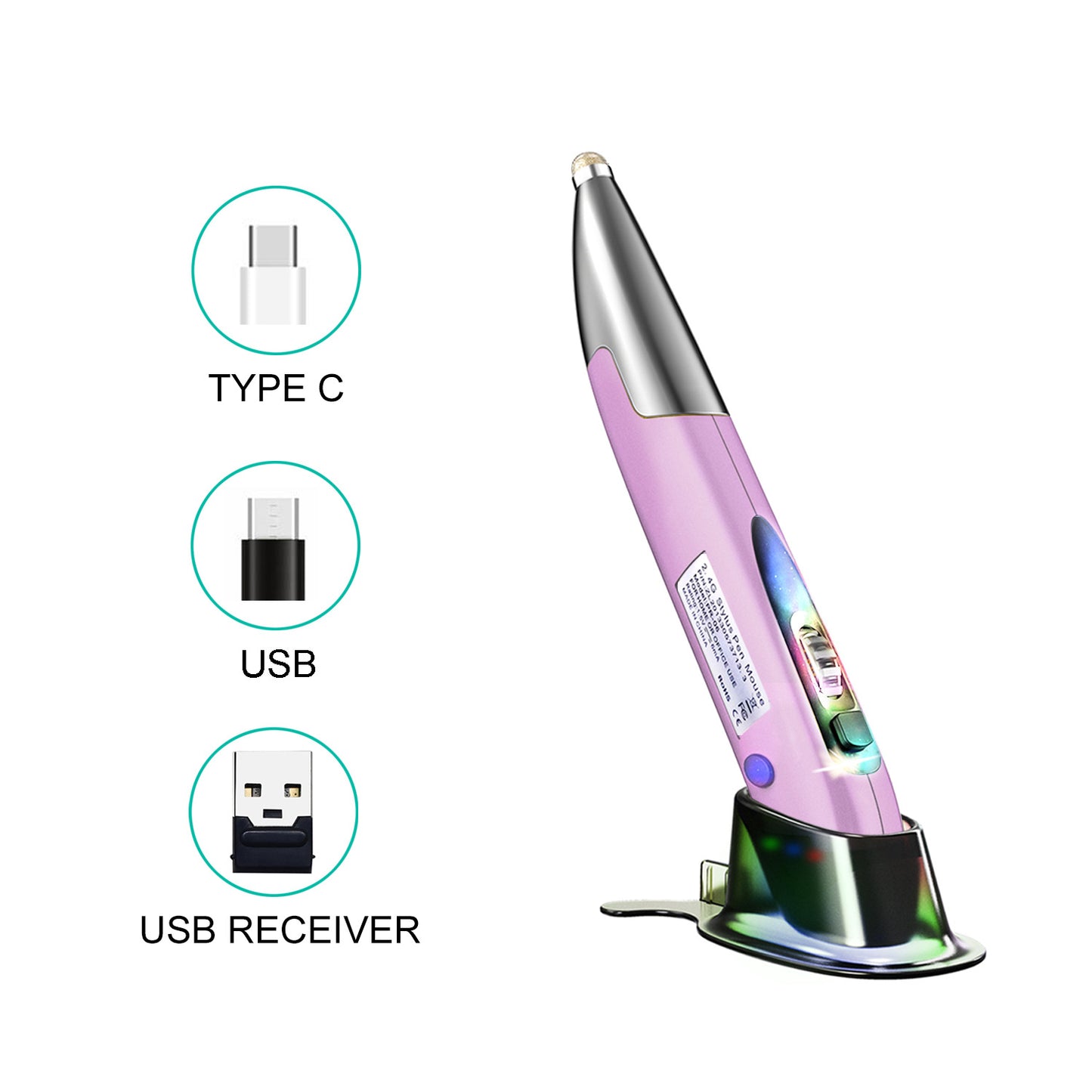 2.4GHz Wireless Pen Mouse | 1600DPI, 4-Button, Ergonomic Pen Grip, NANO Receiver | Pink, Silver & Yellow