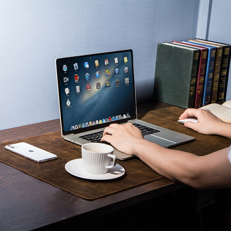 Extra-Large PU Leather Desk Mat & Mouse Pad | 90×45cm | Anti-Slip | Retro Crazy Horse Texture | Coffee Brown