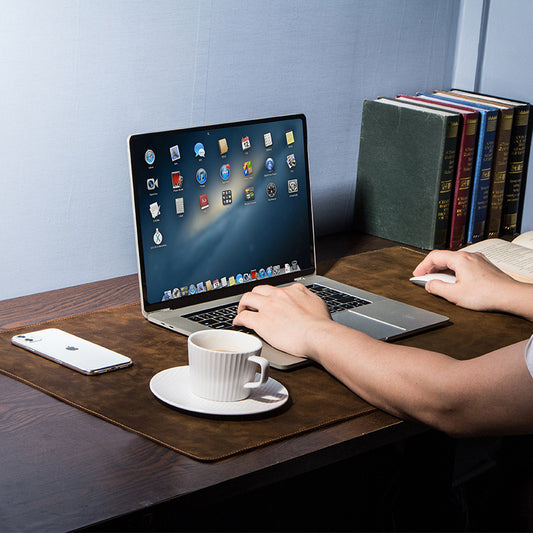 Extra-Large PU Leather Desk Mat & Mouse Pad | 90×45cm | Anti-Slip | Retro Crazy Horse Texture | Coffee Brown