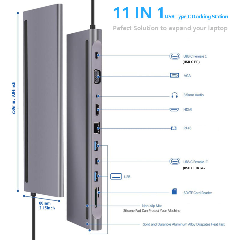 11-in-1 USB 3.0 Laptop Hub & Docking Station | Multi-Port Adapter | No External Power | MacBook, Windows & USB-C Laptops
