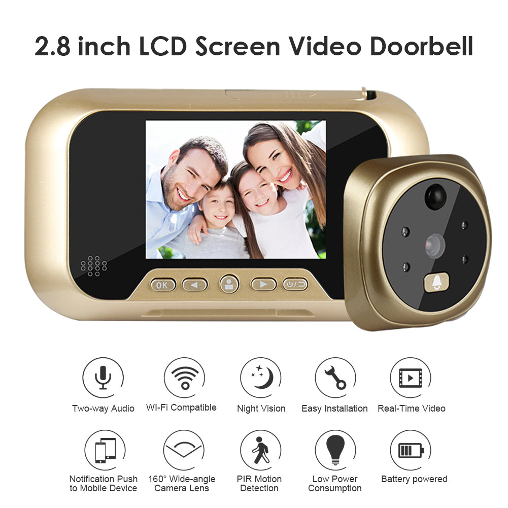 2.8" Smart Video Peephole Doorbell | 3MP | 120° Wide Angle | IR Night Vision | Doorbell | Gold