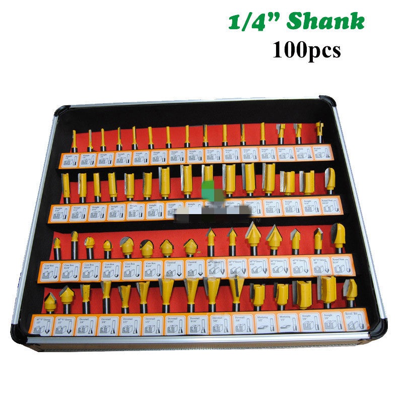 100-Piece 1/4" Shank Carbide Router Bit Set | Coated Woodworking Milling Cutters, Aluminum Storage Box