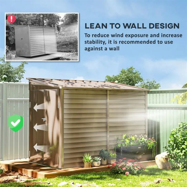 Large Galvanized Steel Garden Shed | 38ft², 56"x106" Footprint, Snow-Rated, Vent & Wide Door, Brown