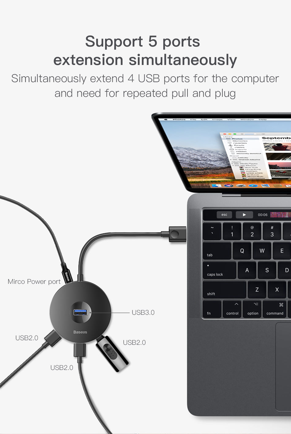 USB 3.0 Hub Adapter | 5Gbps, USB-A & USB-C, Micro USB Power, Compact Round Design | Black & White