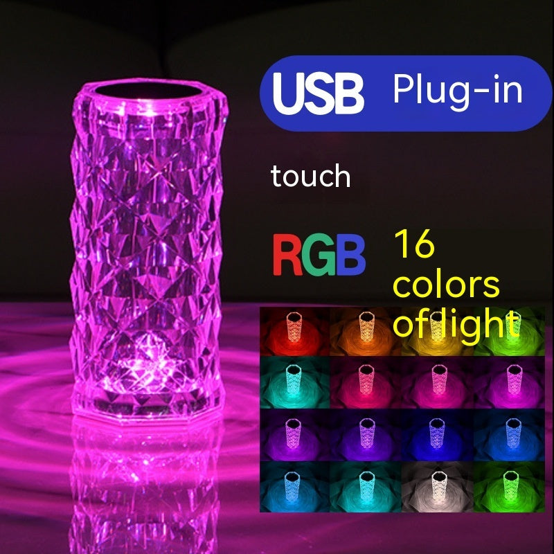 Crystal Rose LED Atmosphere Table Lamp | 2W | RGB 16-Colour, 7-Colour, Tricolour & Warm White | Touch & Remote | Rechargeable, USB & Battery | Ø7.5×16cm | 10 Styles | Gift & Decor